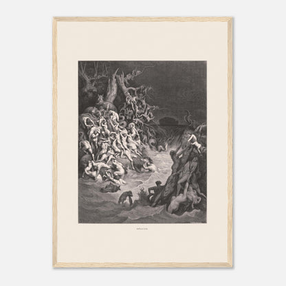 Le Déluge universel, planche gravée de Gustave Doré (42x59,4 cm (A2) / Cadre bois clair). Gravure de Gustave Doré illustrant le déluge biblique, avec une multitude de figures humaines se noyant dans des eaux tumultueuses et un paysage sombre.