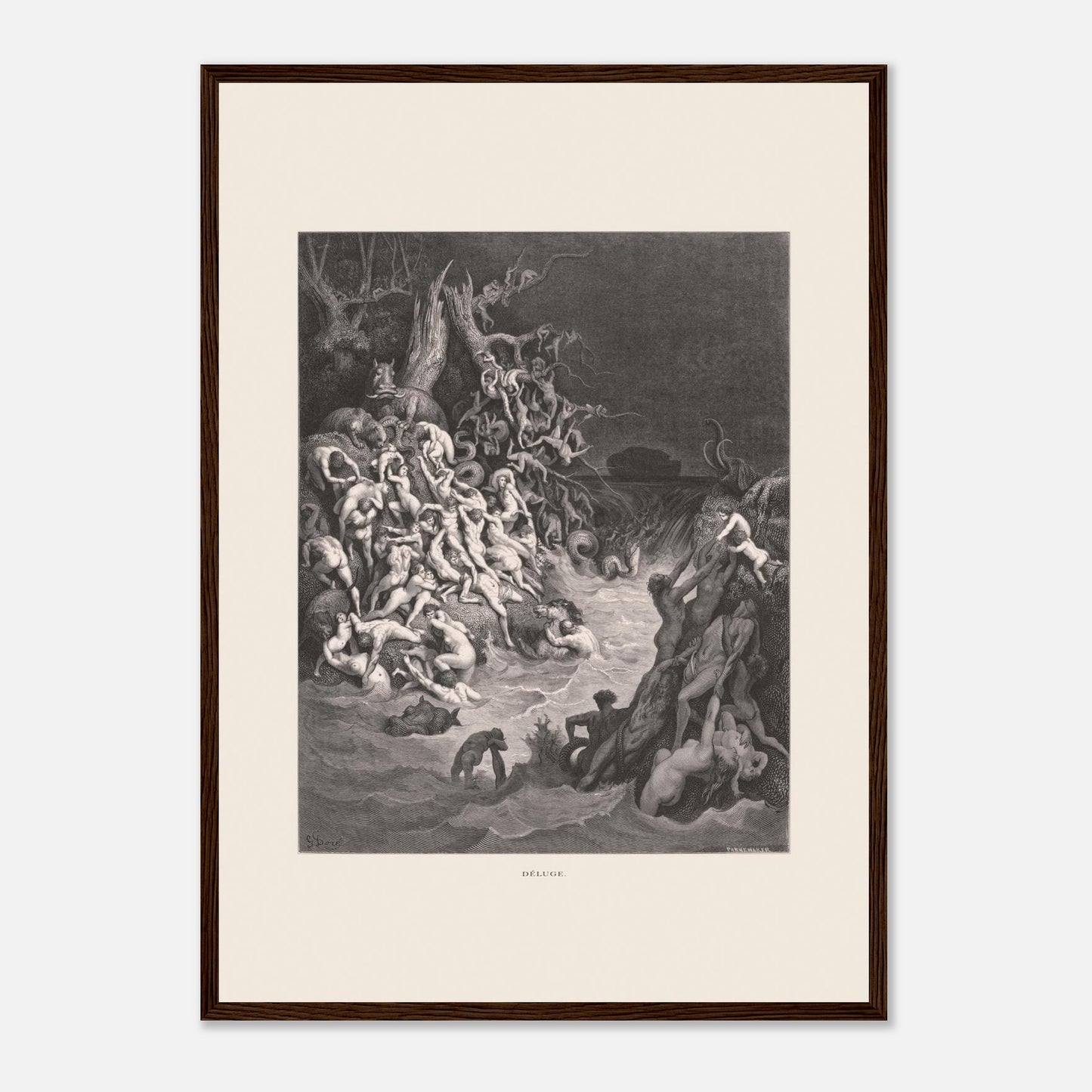 Le Déluge universel, planche gravée de Gustave Doré (42x59,4 cm (A2) / Cadre bois foncé). Gravure de Gustave Doré illustrant le déluge biblique, avec une multitude de figures humaines se noyant dans des eaux tumultueuses et un paysage sombre.