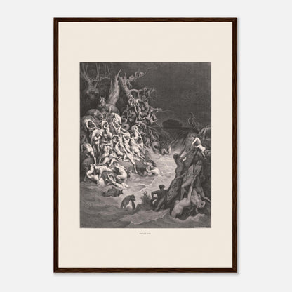 Le Déluge universel, planche gravée de Gustave Doré (42x59,4 cm (A2) / Cadre bois foncé). Gravure de Gustave Doré illustrant le déluge biblique, avec une multitude de figures humaines se noyant dans des eaux tumultueuses et un paysage sombre.