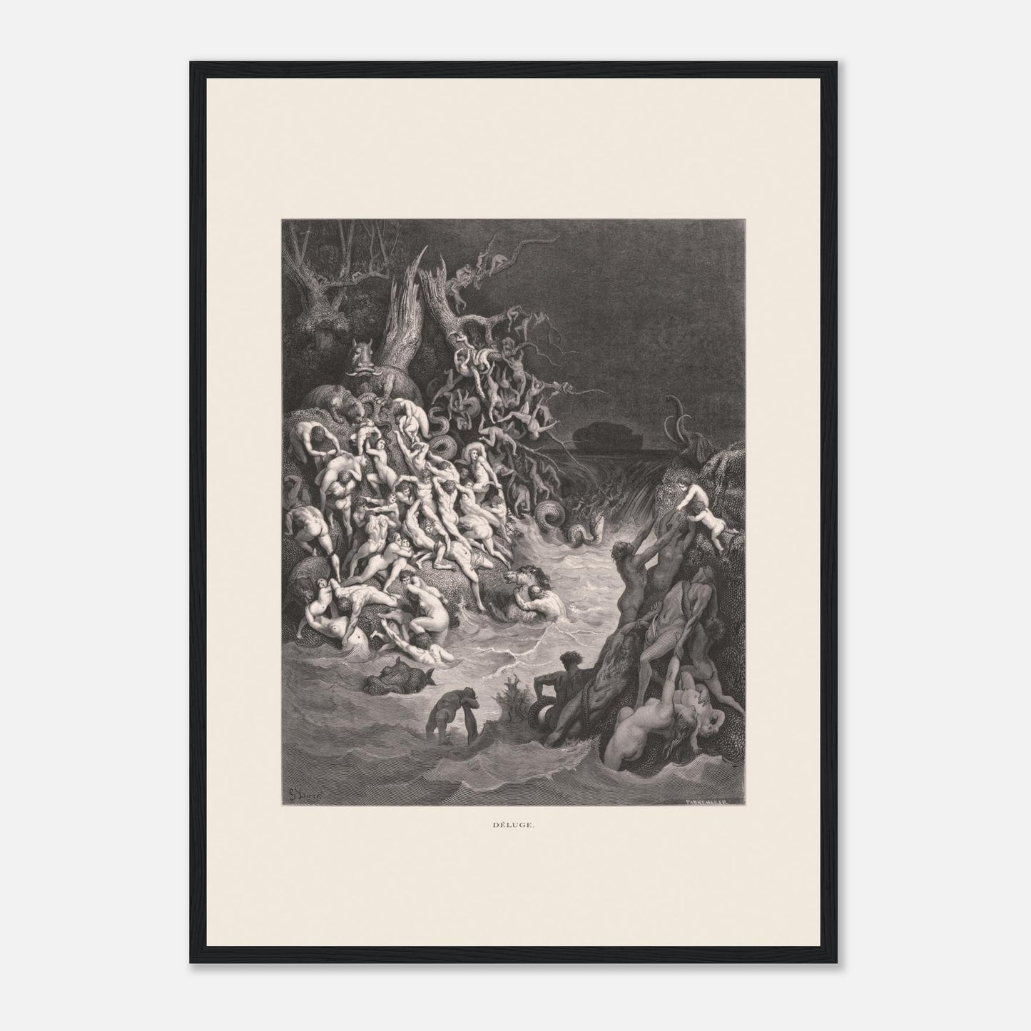 Le Déluge universel, planche gravée de Gustave Doré (42x59,4 cm (A2) / Cadre noir). Gravure de Gustave Doré illustrant le déluge biblique, avec une multitude de figures humaines se noyant dans des eaux tumultueuses et un paysage sombre.