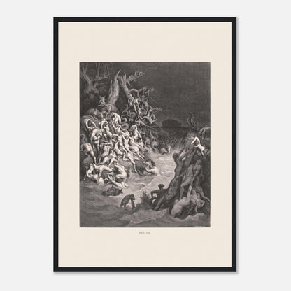 Le Déluge universel, planche gravée de Gustave Doré (42x59,4 cm (A2) / Cadre noir). Gravure de Gustave Doré illustrant le déluge biblique, avec une multitude de figures humaines se noyant dans des eaux tumultueuses et un paysage sombre.
