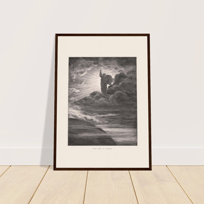 Gott erschafft das Licht, Tafel von Gustave Doré. Eine von Gustave Doré gestochene Illustration, die eine göttliche, bärtige Gestalt zeigt, die das Licht erschafft, umgeben von Wolken und Lichtstrahlen.