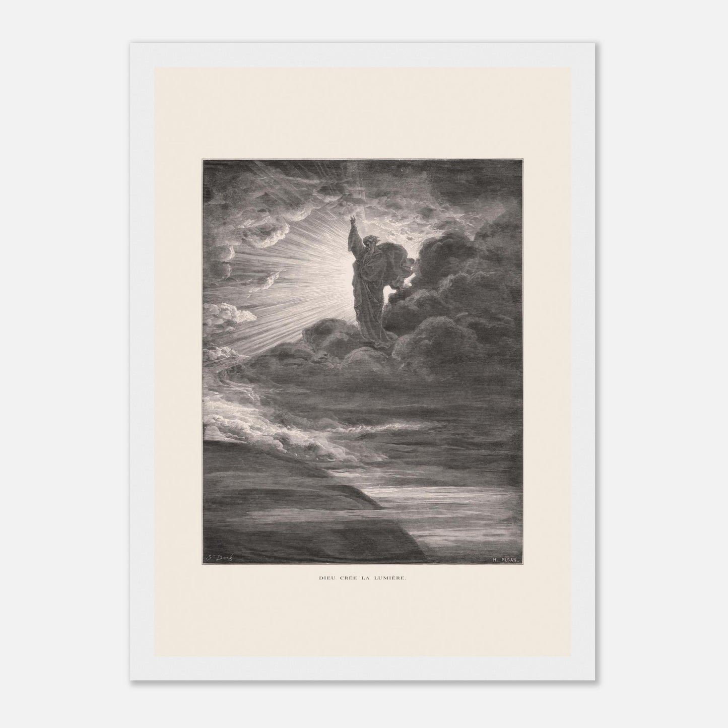 Dieu créant la lumière, planche de Gustave Doré (21x29,7 cm (A4) / Cadre blanc). Illustration gravée par Gustave Doré représentant un personnage barbu divin créant la lumière, entouré de nuages et de rayons lumineux.