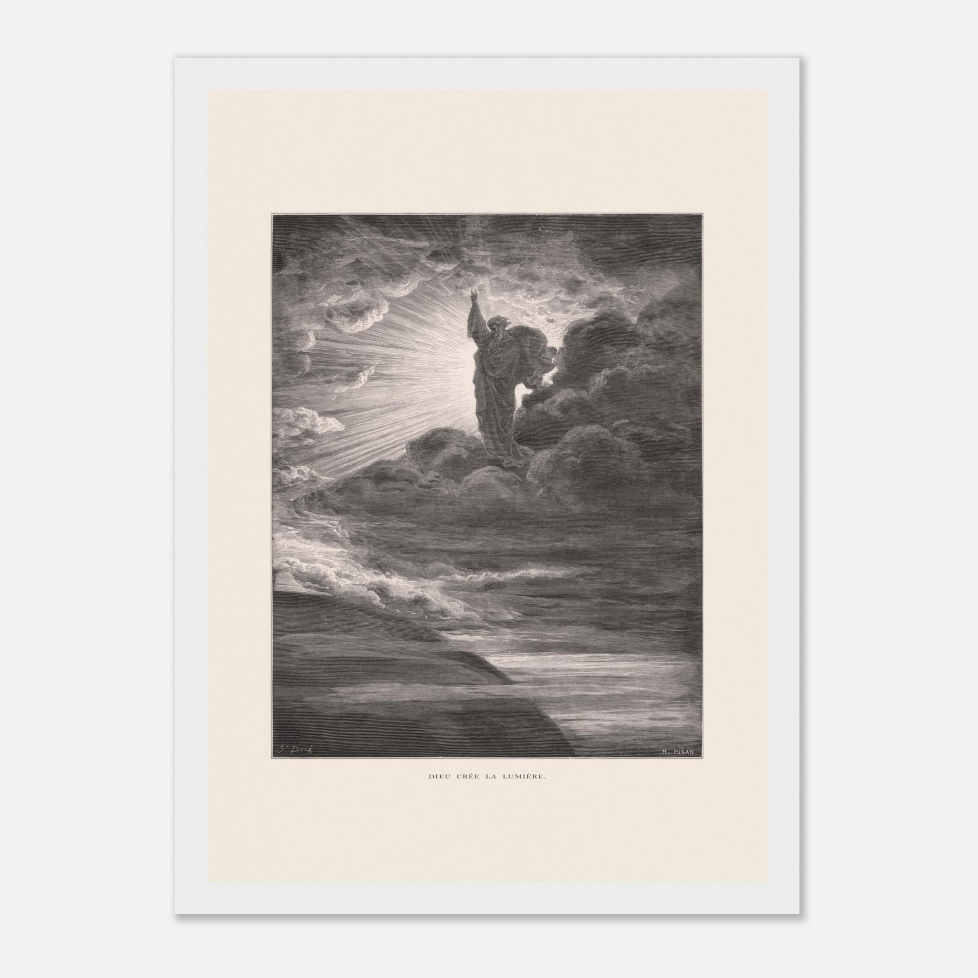 Dieu créant la lumière, planche de Gustave Doré (21x29,7 cm (A4) / Cadre blanc). Illustration gravée par Gustave Doré représentant un personnage barbu divin créant la lumière, entouré de nuages et de rayons lumineux.