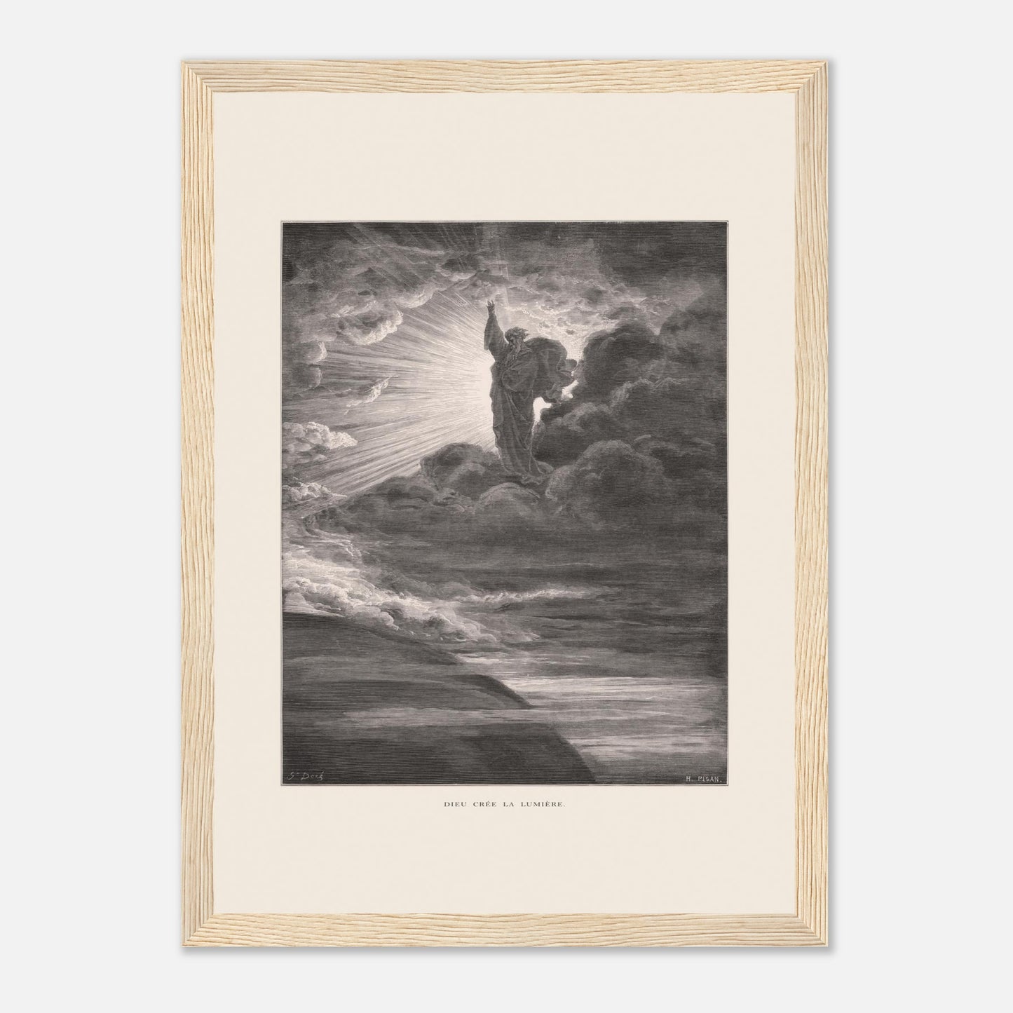 Dieu créant la lumière, planche de Gustave Doré (21x29,7 cm (A4) / Cadre bois clair). Illustration gravée par Gustave Doré représentant un personnage barbu divin créant la lumière, entouré de nuages et de rayons lumineux.