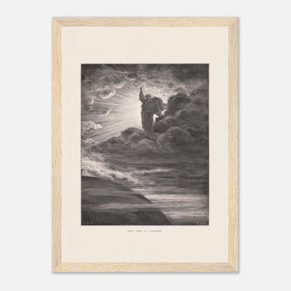 Dieu créant la lumière, planche de Gustave Doré (21x29,7 cm (A4) / Cadre bois clair). Illustration gravée par Gustave Doré représentant un personnage barbu divin créant la lumière, entouré de nuages et de rayons lumineux.