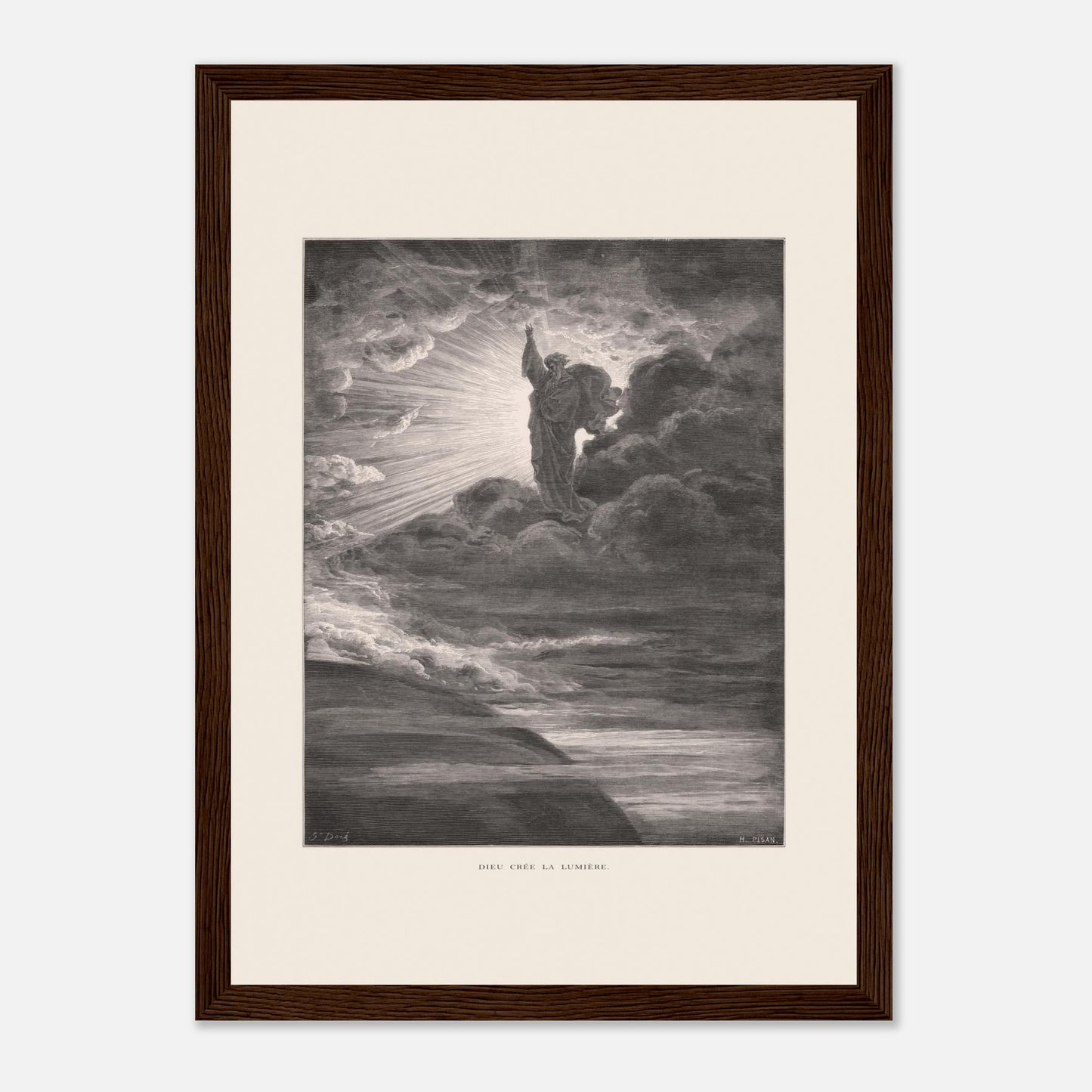 Dieu créant la lumière, planche de Gustave Doré (21x29,7 cm (A4) / Cadre bois foncé). Illustration gravée par Gustave Doré représentant un personnage barbu divin créant la lumière, entouré de nuages et de rayons lumineux.