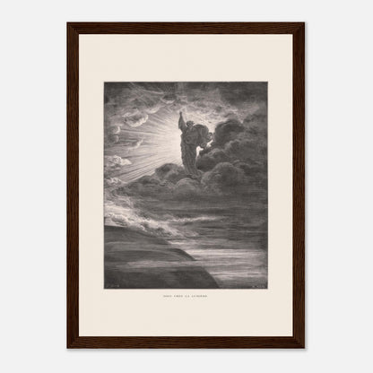 Dieu créant la lumière, planche de Gustave Doré (21x29,7 cm (A4) / Cadre bois foncé). Illustration gravée par Gustave Doré représentant un personnage barbu divin créant la lumière, entouré de nuages et de rayons lumineux.
