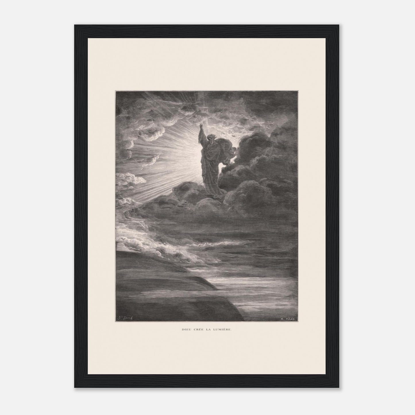 Dieu créant la lumière, planche de Gustave Doré (21x29,7 cm (A4) / Cadre noir). Illustration gravée par Gustave Doré représentant un personnage barbu divin créant la lumière, entouré de nuages et de rayons lumineux.