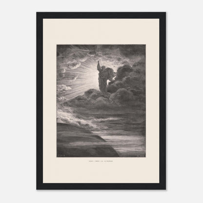 Dieu créant la lumière, planche de Gustave Doré (21x29,7 cm (A4) / Cadre noir). Illustration gravée par Gustave Doré représentant un personnage barbu divin créant la lumière, entouré de nuages et de rayons lumineux.