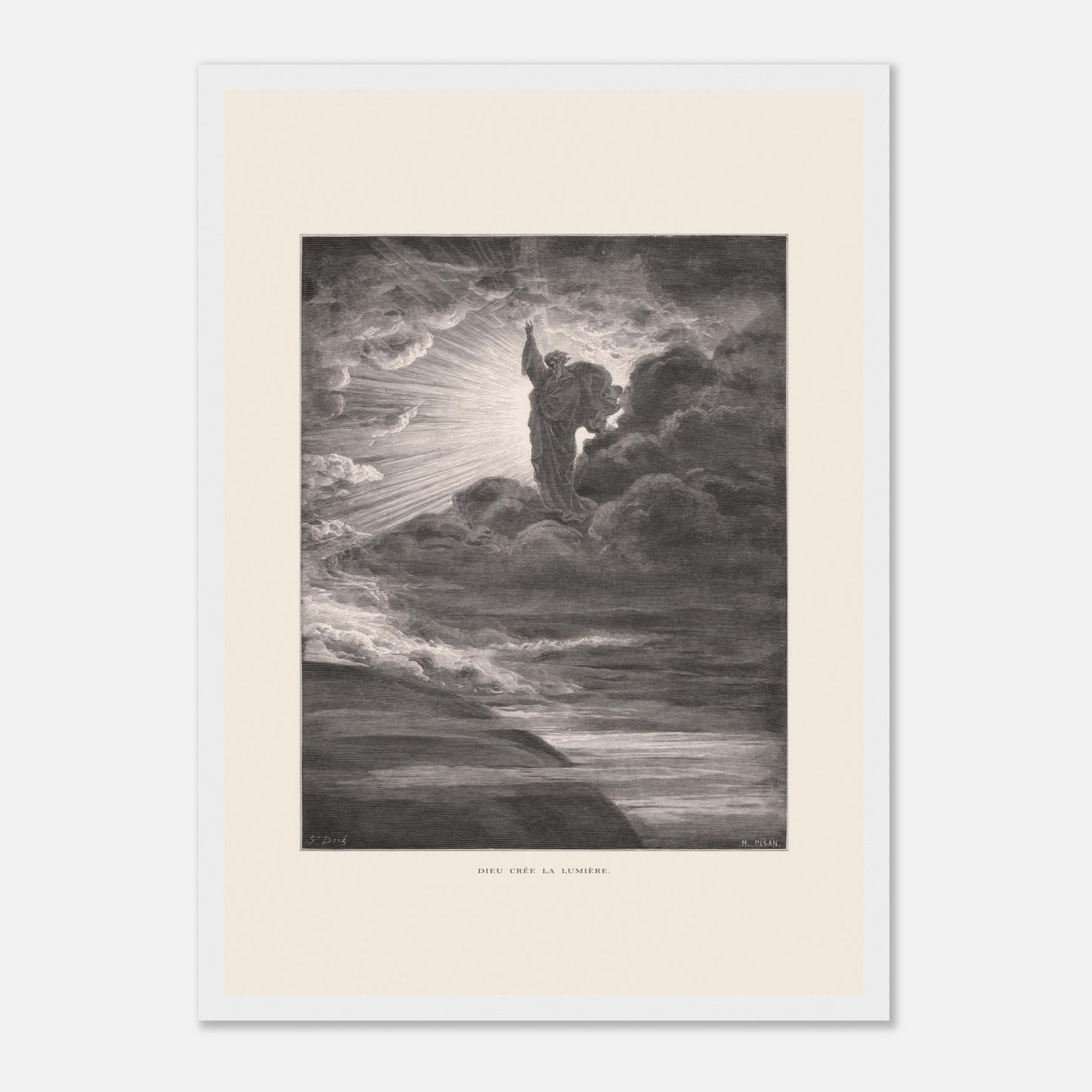 Dieu créant la lumière, planche de Gustave Doré (29,7x42 cm (A3) / Cadre blanc). Illustration gravée par Gustave Doré représentant un personnage barbu divin créant la lumière, entouré de nuages et de rayons lumineux.