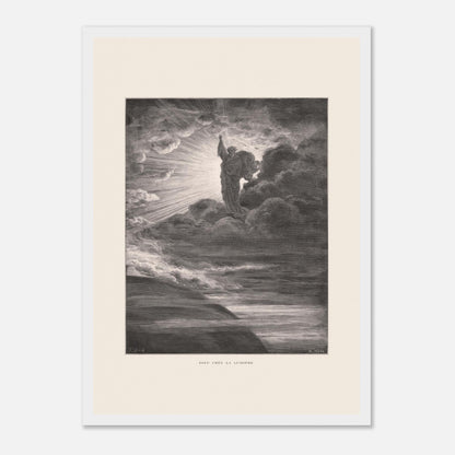 Dieu créant la lumière, planche de Gustave Doré (29,7x42 cm (A3) / Cadre blanc). Illustration gravée par Gustave Doré représentant un personnage barbu divin créant la lumière, entouré de nuages et de rayons lumineux.
