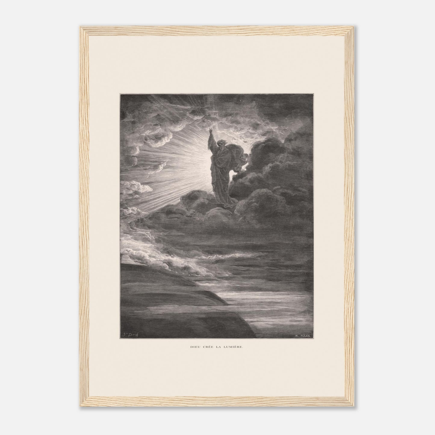 Dieu créant la lumière, planche de Gustave Doré (29,7x42 cm (A3) / Cadre bois clair). Illustration gravée par Gustave Doré représentant un personnage barbu divin créant la lumière, entouré de nuages et de rayons lumineux.