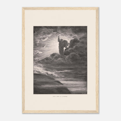 Dieu créant la lumière, planche de Gustave Doré (29,7x42 cm (A3) / Cadre bois clair). Illustration gravée par Gustave Doré représentant un personnage barbu divin créant la lumière, entouré de nuages et de rayons lumineux.