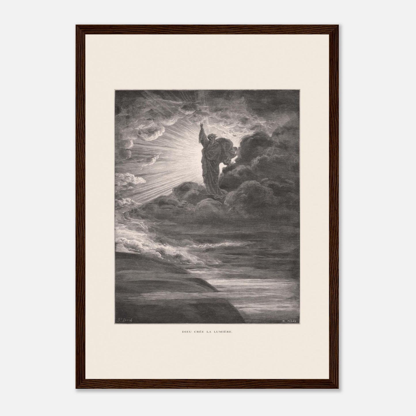 Dieu créant la lumière, planche de Gustave Doré (29,7x42 cm (A3) / Cadre bois foncé). Illustration gravée par Gustave Doré représentant un personnage barbu divin créant la lumière, entouré de nuages et de rayons lumineux.