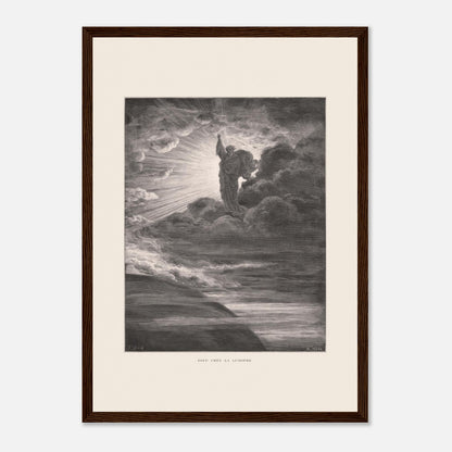 Dieu créant la lumière, planche de Gustave Doré (29,7x42 cm (A3) / Cadre bois foncé). Illustration gravée par Gustave Doré représentant un personnage barbu divin créant la lumière, entouré de nuages et de rayons lumineux.