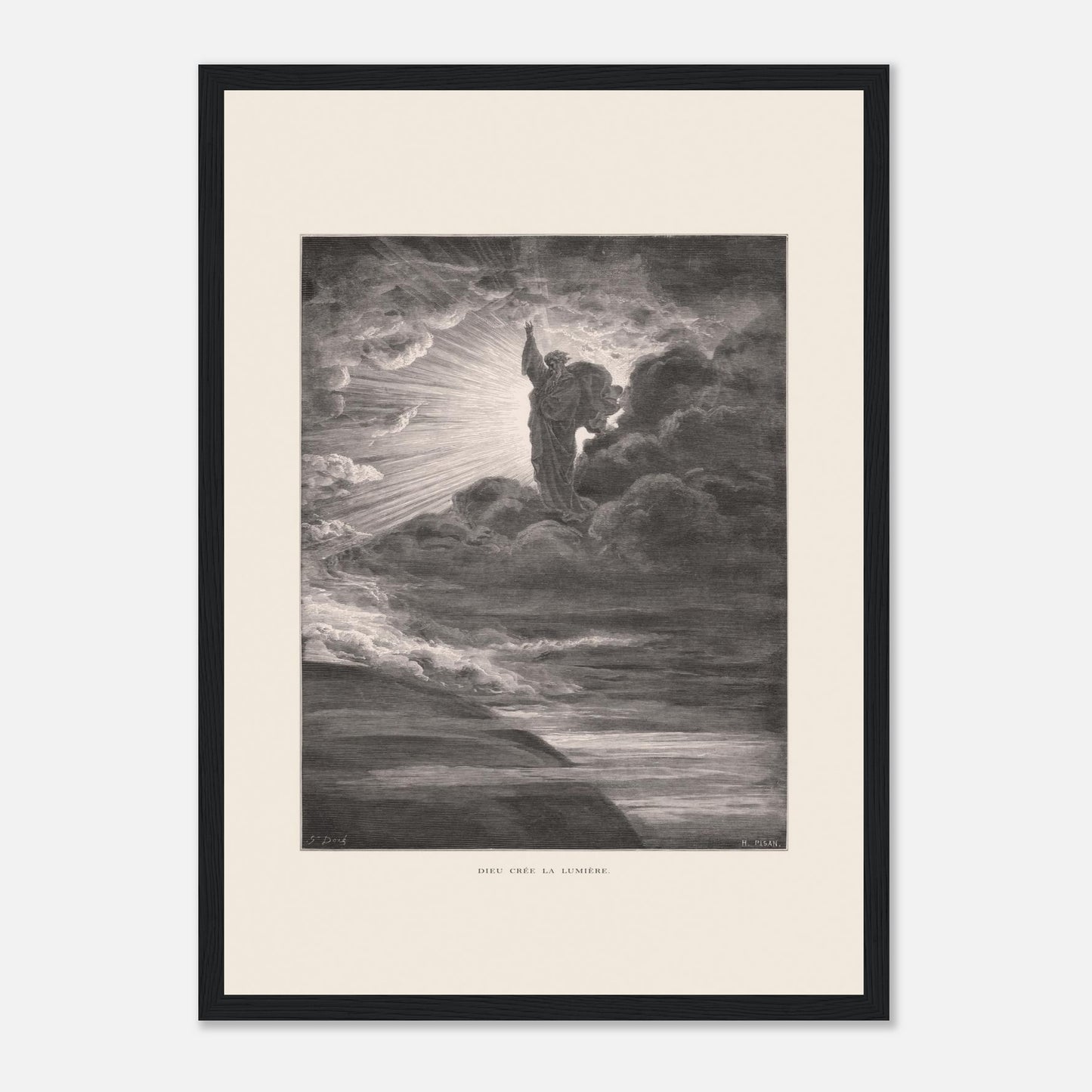 Dieu créant la lumière, planche de Gustave Doré (29,7x42 cm (A3) / Cadre noir). Illustration gravée par Gustave Doré représentant un personnage barbu divin créant la lumière, entouré de nuages et de rayons lumineux.