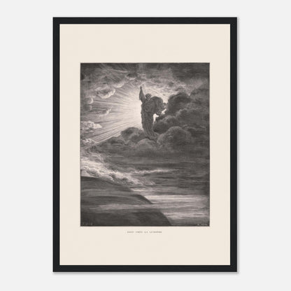Dieu créant la lumière, planche de Gustave Doré (29,7x42 cm (A3) / Cadre noir). Illustration gravée par Gustave Doré représentant un personnage barbu divin créant la lumière, entouré de nuages et de rayons lumineux.