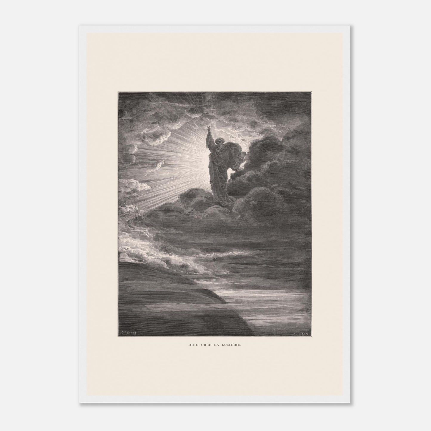 Dieu créant la lumière, planche de Gustave Doré (42x59,4 cm (A2) / Cadre blanc). Illustration gravée par Gustave Doré représentant un personnage barbu divin créant la lumière, entouré de nuages et de rayons lumineux.