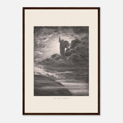 Dieu créant la lumière, planche de Gustave Doré (42x59,4 cm (A2) / Cadre bois foncé). Illustration gravée par Gustave Doré représentant un personnage barbu divin créant la lumière, entouré de nuages et de rayons lumineux.