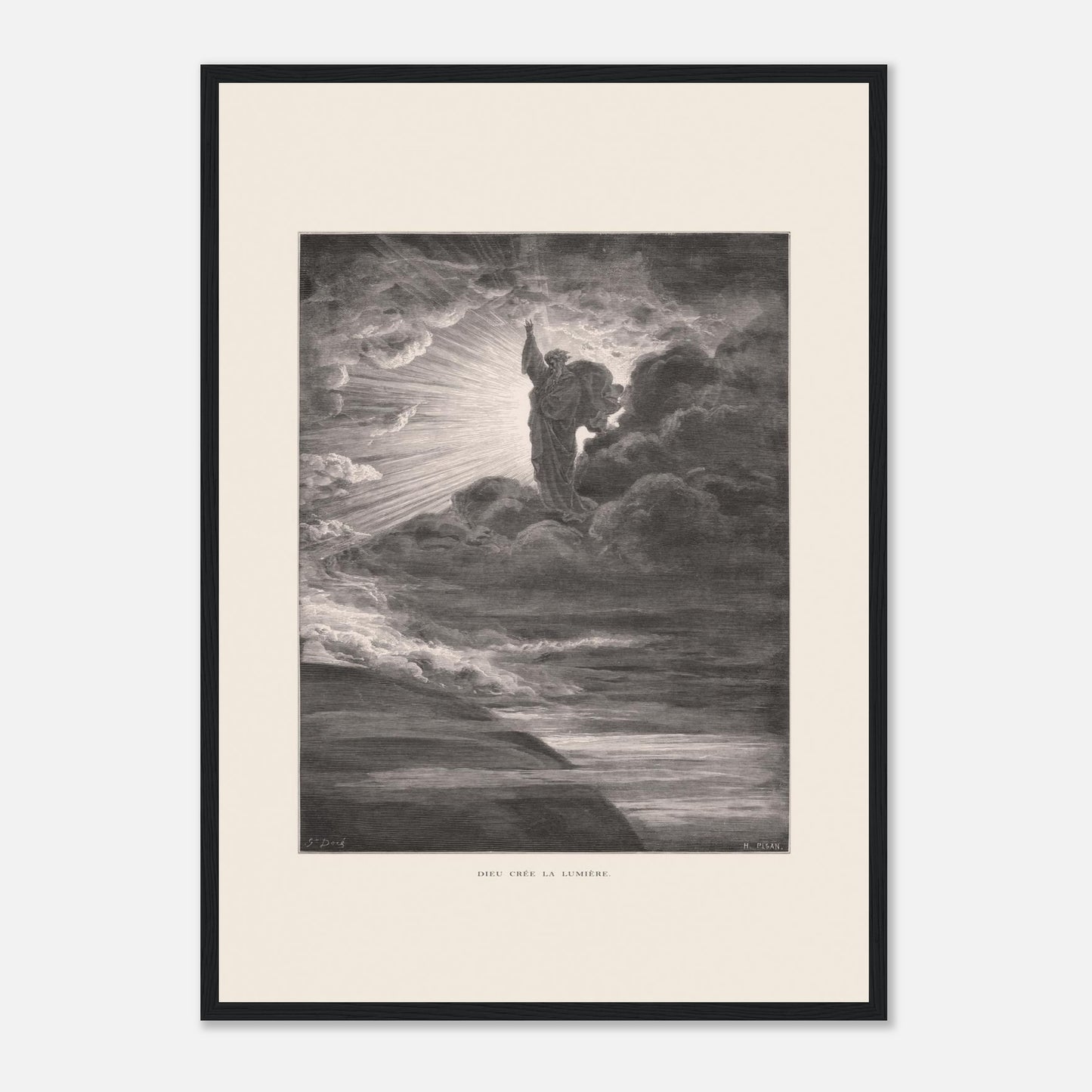 Dieu créant la lumière, planche de Gustave Doré (42x59,4 cm (A2) / Cadre noir). Illustration gravée par Gustave Doré représentant un personnage barbu divin créant la lumière, entouré de nuages et de rayons lumineux.