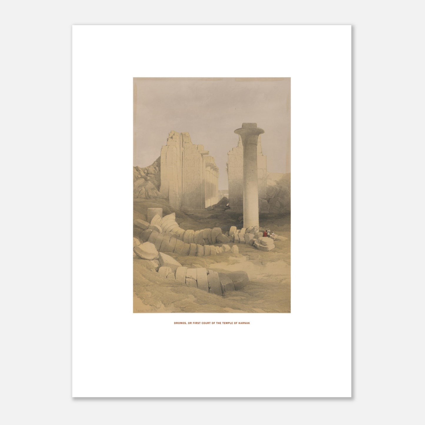 Planche : Dromos ou première cour du temple de Karnak - David Roberts (30x40 cm). Lithographie ancienne représentant le dromos ou la première cour du temple de Karnak, avec des colonnes massives et des blocs de pierre éparpillés.