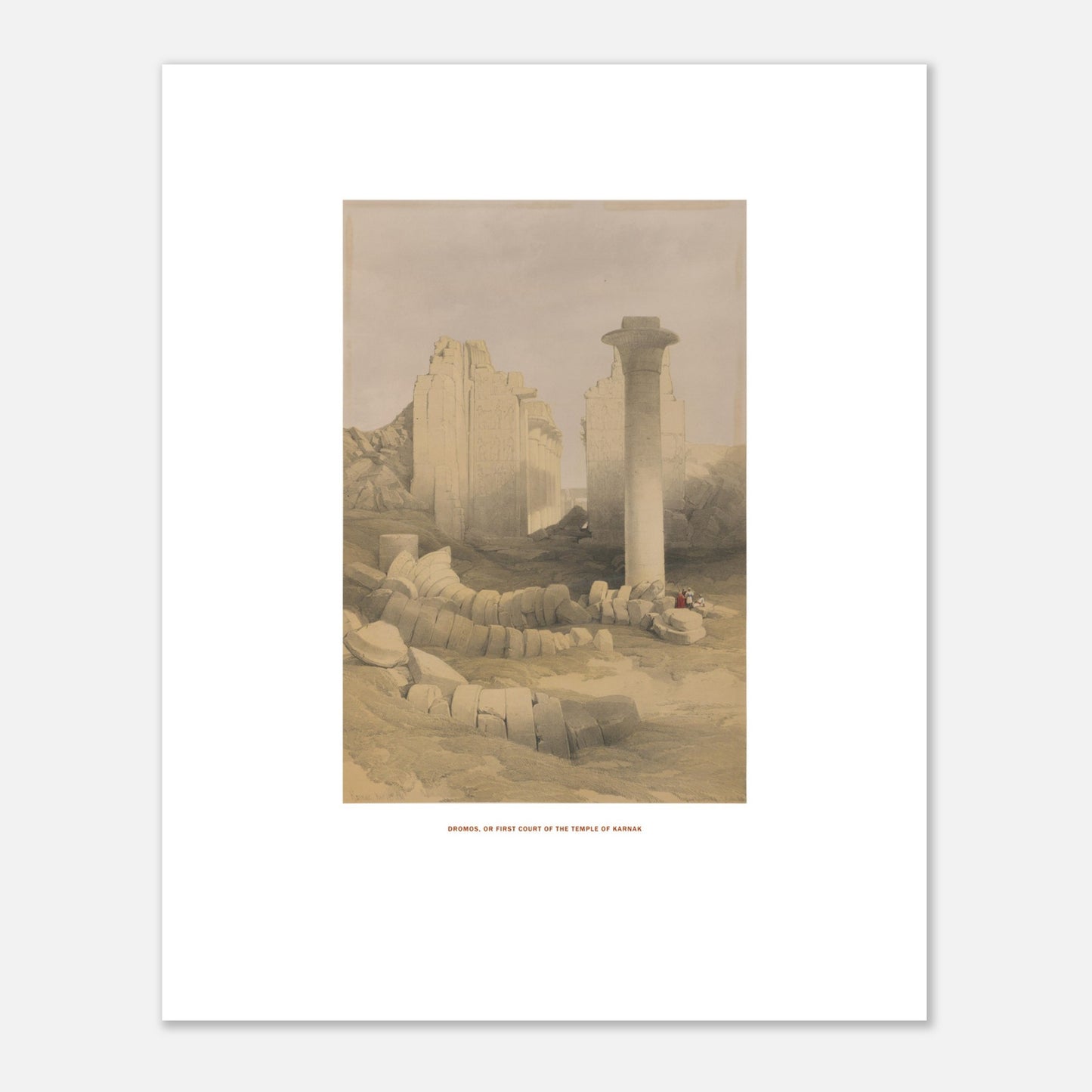 Planche : Dromos ou première cour du temple de Karnak - David Roberts (40x50 cm). Lithographie ancienne représentant le dromos ou la première cour du temple de Karnak, avec des colonnes massives et des blocs de pierre éparpillés.