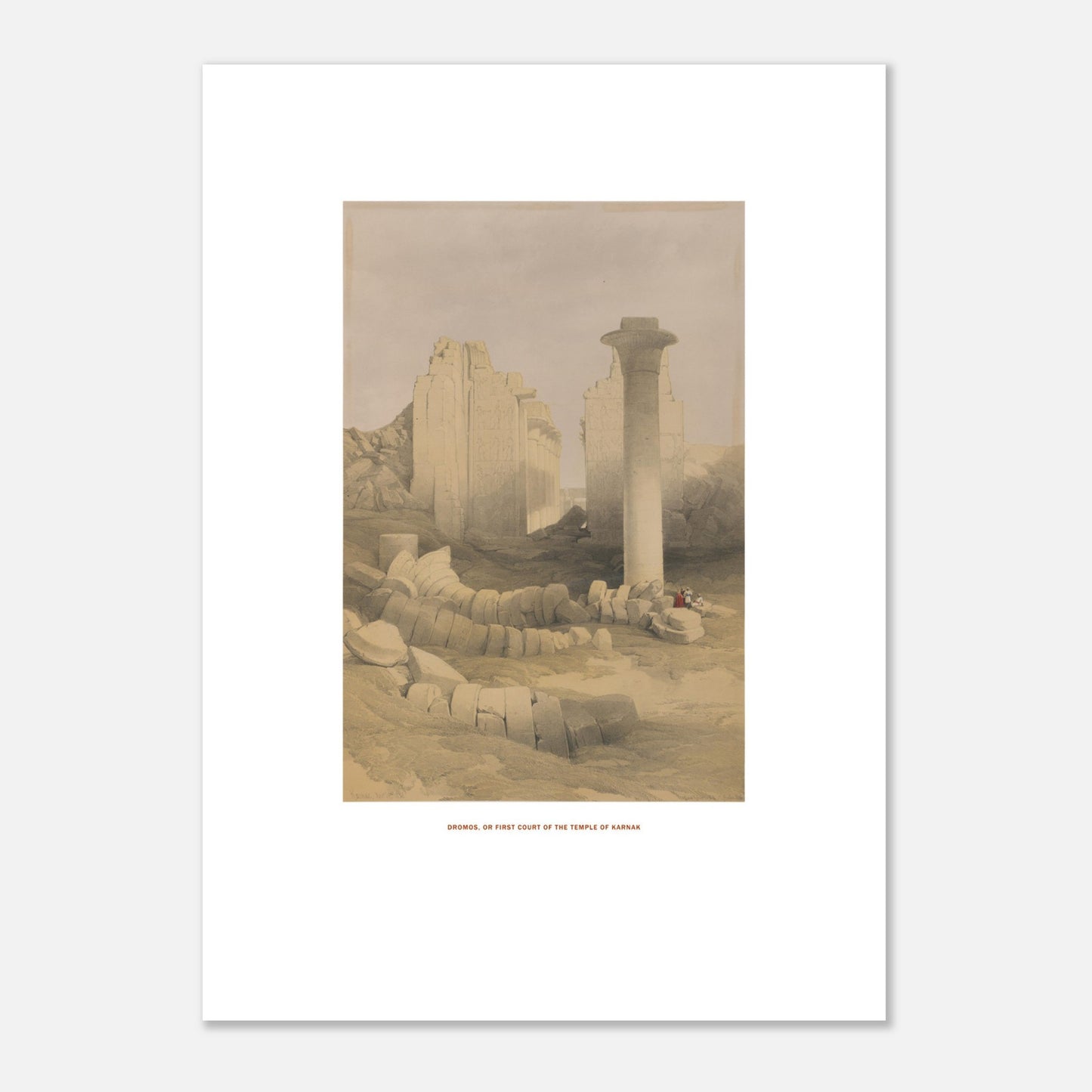 Planche : Dromos ou première cour du temple de Karnak - David Roberts (50x70 cm). Lithographie ancienne représentant le dromos ou la première cour du temple de Karnak, avec des colonnes massives et des blocs de pierre éparpillés.