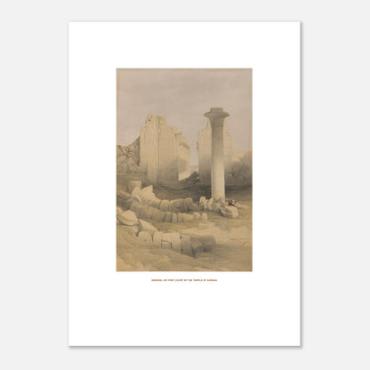 Planche : Dromos ou première cour du temple de Karnak - David Roberts (50x70 cm). Lithographie ancienne représentant le dromos ou la première cour du temple de Karnak, avec des colonnes massives et des blocs de pierre éparpillés.