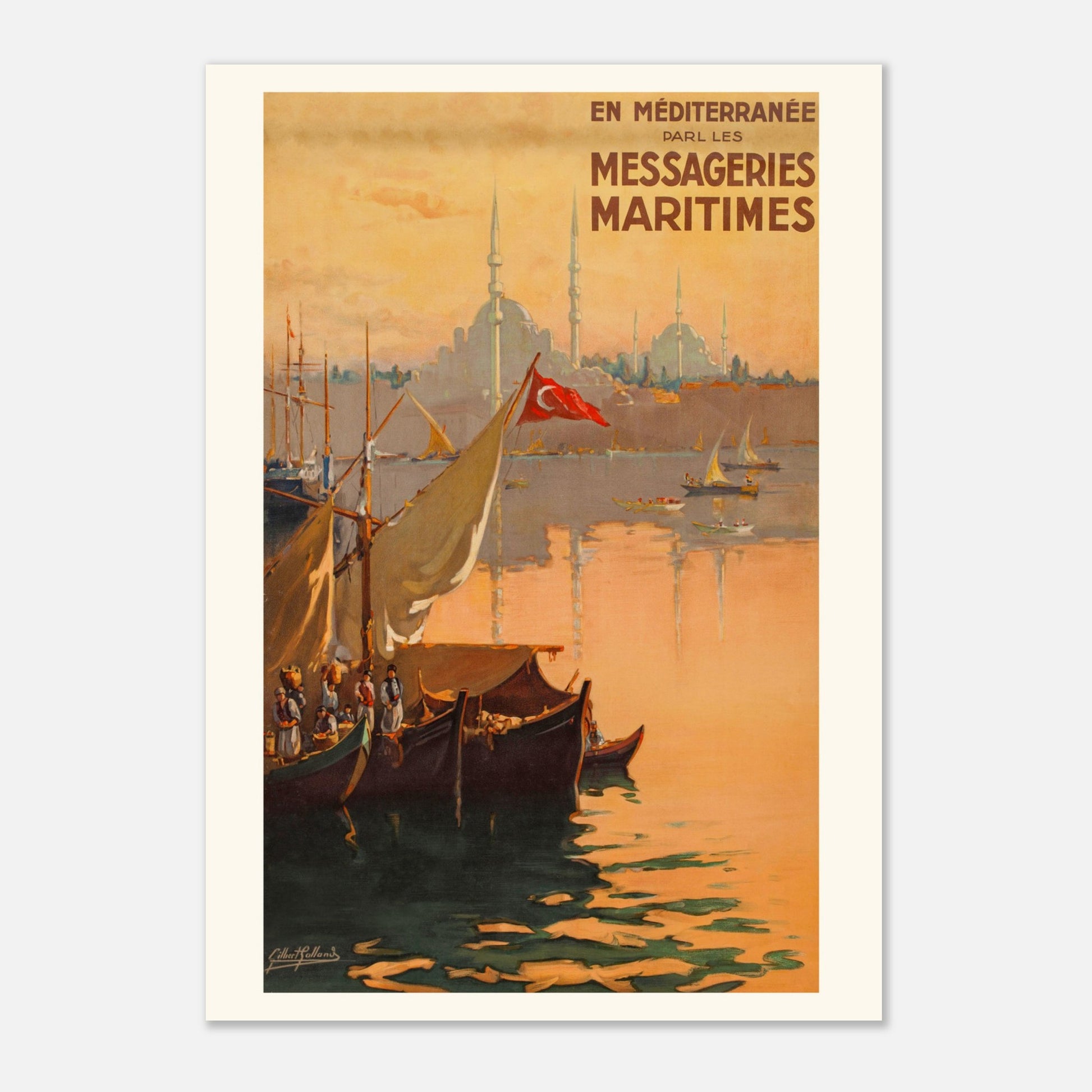 En Méditerranée par les Messageries Maritimes – Planche vintage (29,7x42 cm (A3)). Affiche de voyage vintage représentant un port avec des voiliers et des minarets d'une ville au coucher du soleil.