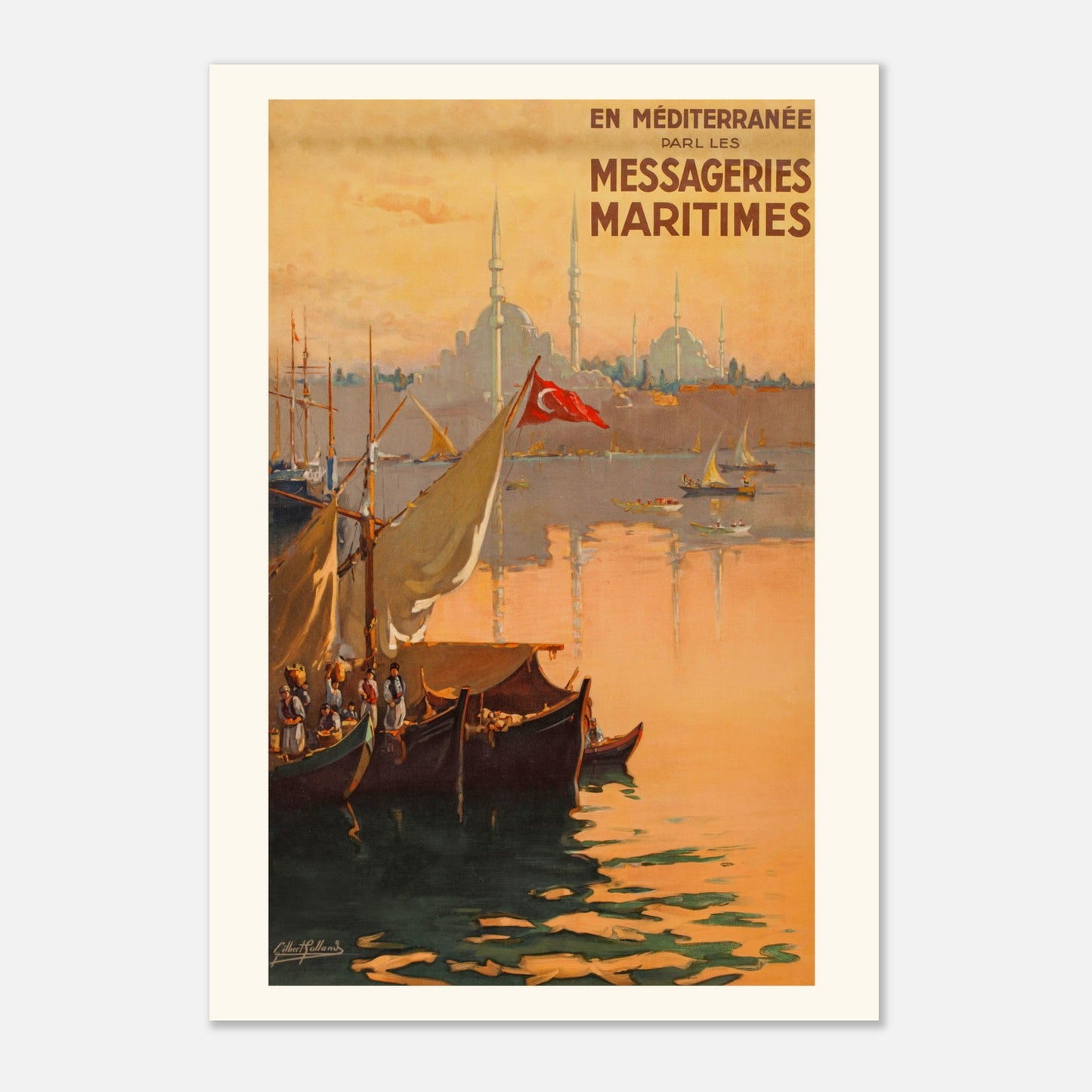 En Méditerranée par les Messageries Maritimes – Planche vintage (70x100 cm). Affiche de voyage vintage représentant un port avec des voiliers et des minarets d'une ville au coucher du soleil.