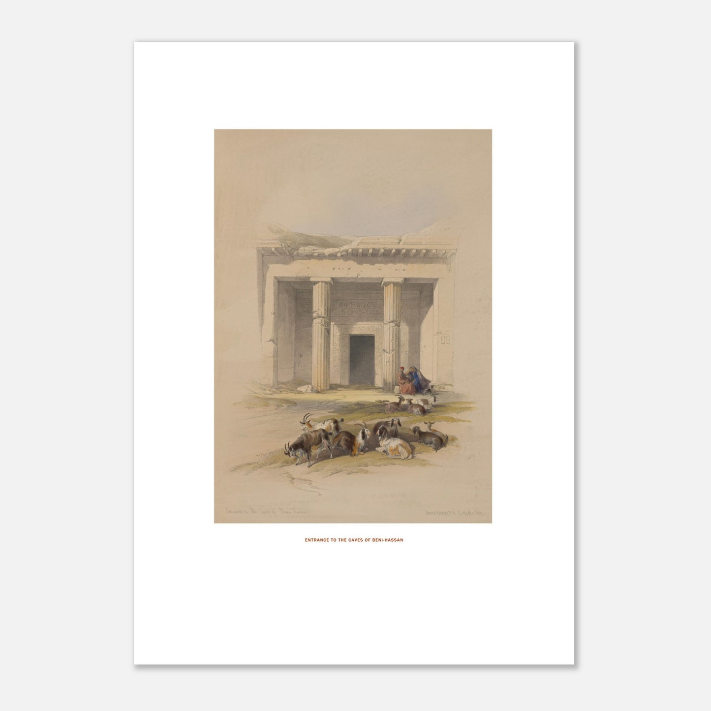 Estampe ancienne : Entrée des grottes de Beni Hassan - David Roberts (29,7x42 cm (A3)). Lithographie de David Roberts montrant l'entrée du temple de Beni Hassan, avec des colonnes massives, des gravures et un groupe de chèvres au premier plan.