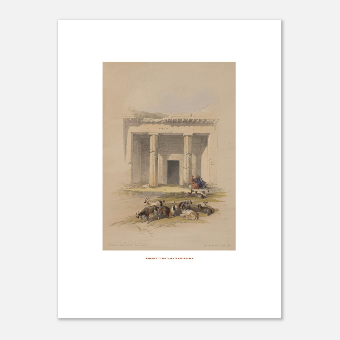 Estampe ancienne : Entrée des grottes de Beni Hassan - David Roberts (30x40 cm). Lithographie de David Roberts montrant l'entrée du temple de Beni Hassan, avec des colonnes massives, des gravures et un groupe de chèvres au premier plan.