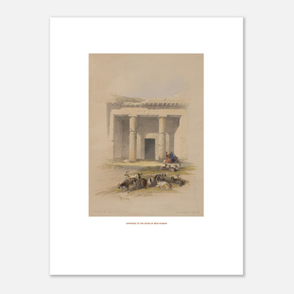 Estampe ancienne : Entrée des grottes de Beni Hassan - David Roberts (30x40 cm). Lithographie de David Roberts montrant l'entrée du temple de Beni Hassan, avec des colonnes massives, des gravures et un groupe de chèvres au premier plan.