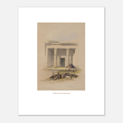 Estampe ancienne : Entrée des grottes de Beni Hassan - David Roberts (40x50 cm). Lithographie de David Roberts montrant l'entrée du temple de Beni Hassan, avec des colonnes massives, des gravures et un groupe de chèvres au premier plan.