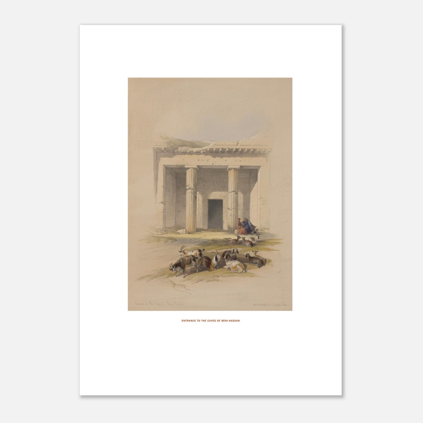 Estampe ancienne : Entrée des grottes de Beni Hassan - David Roberts (42x59,4 cm (A2)). Lithographie de David Roberts montrant l'entrée du temple de Beni Hassan, avec des colonnes massives, des gravures et un groupe de chèvres au premier plan.