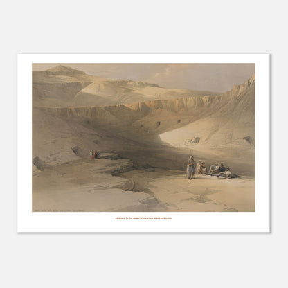 Planche ancienne : Entrée des tombes des rois, Biban el-Molouk par David Roberts (29,7x42 cm (A3)). Entrée des tombes des rois, Biban el-Molouk, une vue d'un paysage désertique avec des formations rocheuses et des entrées de grottes, avec un groupe de personnes au premier plan.