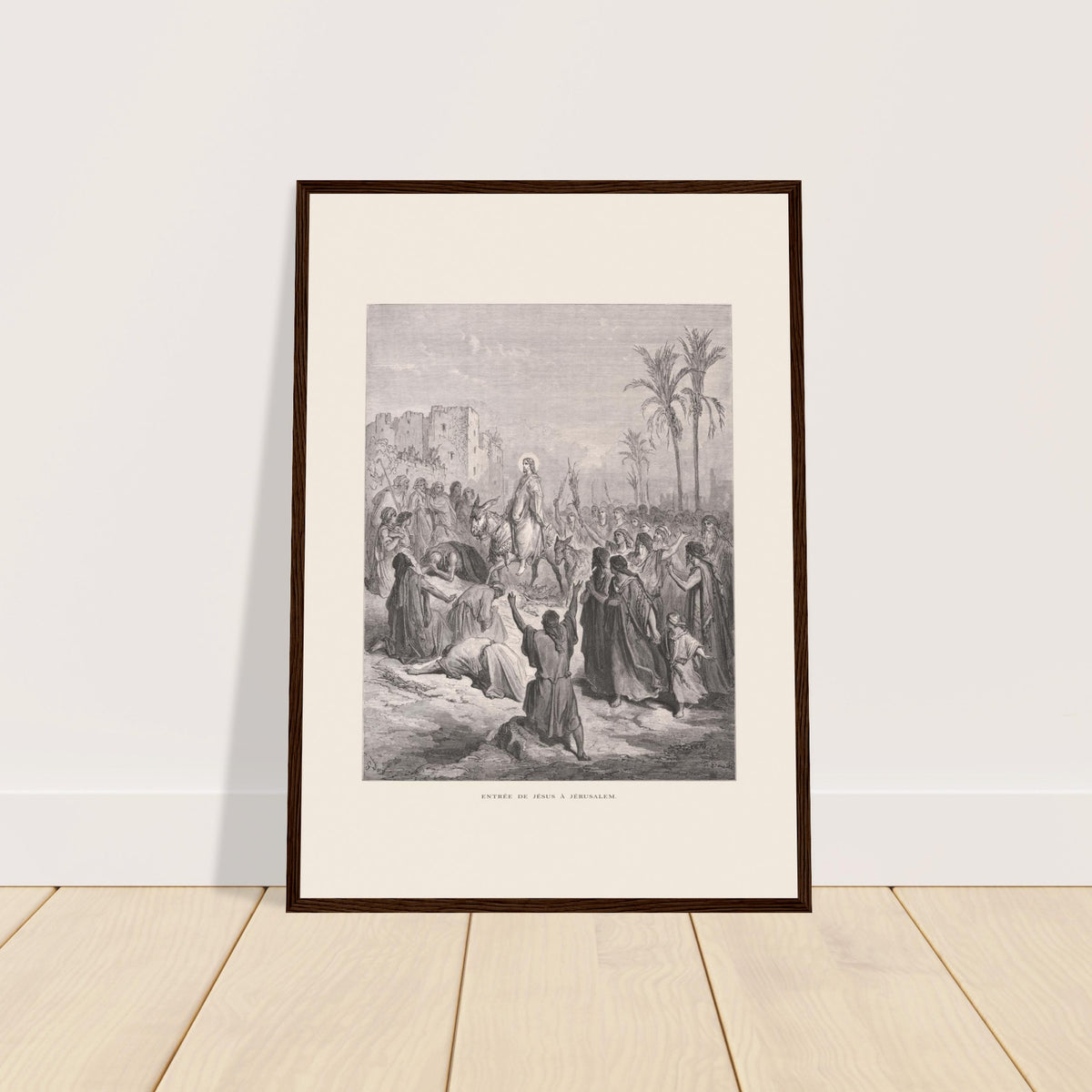 Antike Tafel Einzug Jesu in Jerusalem von Gustave Doré. Stich von Gustave Doré, der den triumphalen Einzug Jesu in Jerusalem darstellt, wo er von einer Menge begrüßt wird, die Kleider und Palmzweige auf seinen Weg wirft.