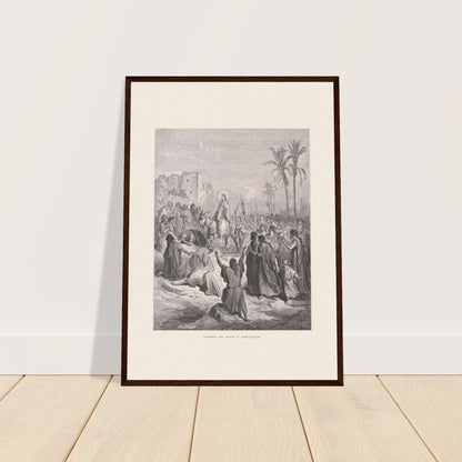 Antike Tafel Einzug Jesu in Jerusalem von Gustave Doré. Stich von Gustave Doré, der den triumphalen Einzug Jesu in Jerusalem darstellt, wo er von einer Menge begrüßt wird, die Kleider und Palmzweige auf seinen Weg wirft.