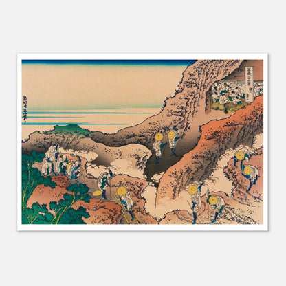 Estampe L'ascension du mont Fuji (Shojin tozan) - Hokusai (42x59,4 cm (A2)). Estampe ukiyo-e de Katsushika Hokusai montrant des pèlerins escaladant une montagne rocailleuse, avec le mont Fuji en arrière-plan.