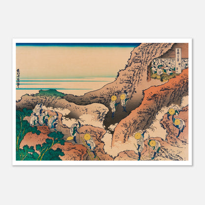 Estampe L'ascension du mont Fuji (Shojin tozan) - Hokusai (59,4x84,1 cm (A1)). Estampe ukiyo-e de Katsushika Hokusai montrant des pèlerins escaladant une montagne rocailleuse, avec le mont Fuji en arrière-plan.