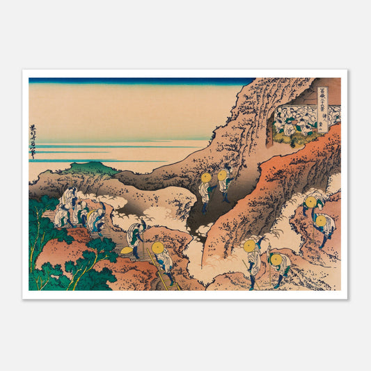 Estampe L'ascension du mont Fuji (Shojin tozan) - Hokusai (59,4x84,1 cm (A1)). Estampe ukiyo-e de Katsushika Hokusai montrant des pèlerins escaladant une montagne rocailleuse, avec le mont Fuji en arrière-plan.