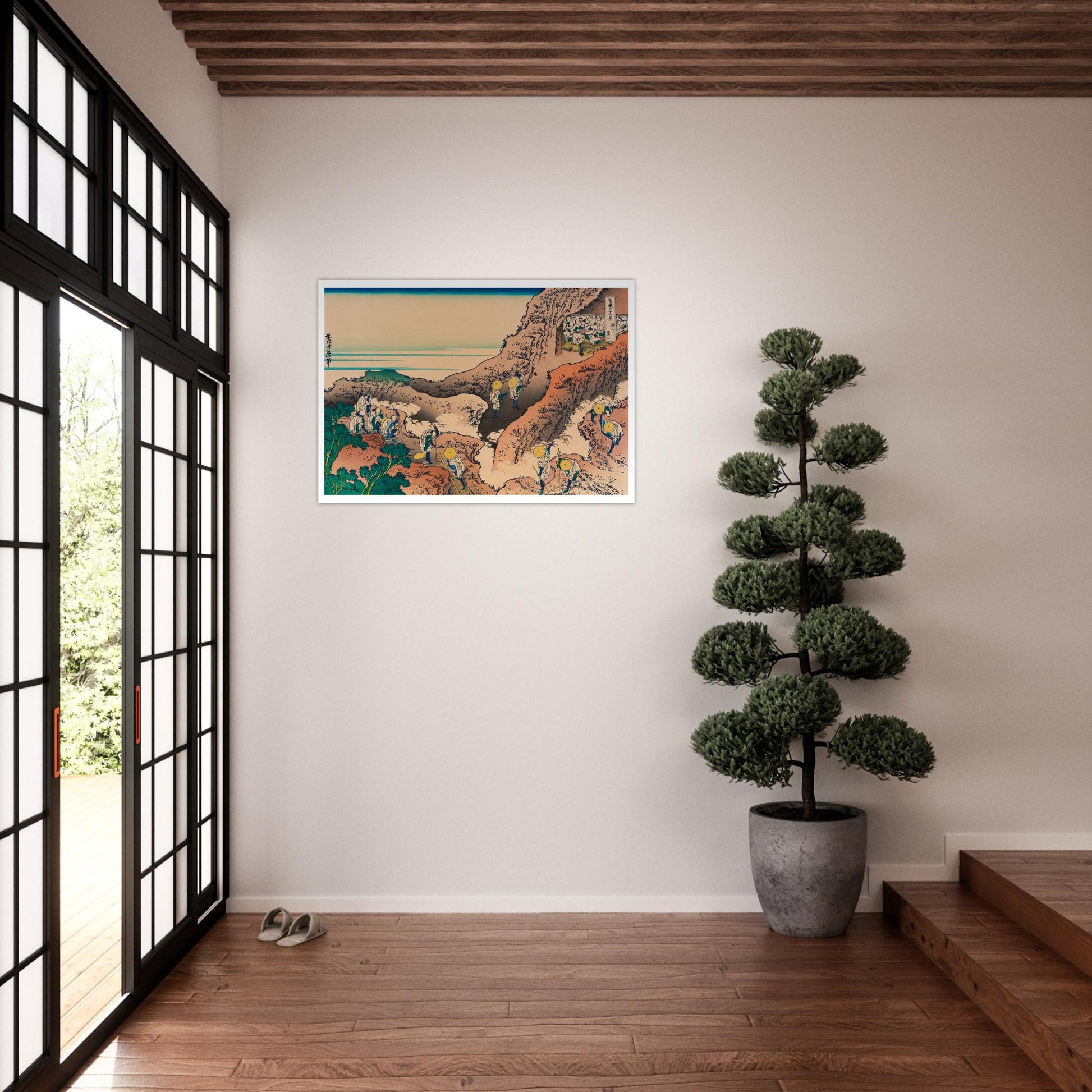Estampe L'ascension du mont Fuji (Shojin tozan) - Hokusai. Estampe ukiyo-e de Katsushika Hokusai montrant des pèlerins escaladant une montagne rocailleuse, avec le mont Fuji en arrière-plan. Image d'illustration 8