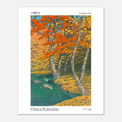 Gravure vintage : Paysage d'automne à Oirase, par Hasui Kawase (40x50 cm). Illustration d'un paysage d'automne avec des arbres aux feuilles oranges et jaunes près d'une rivière, par Hasui Kawase.