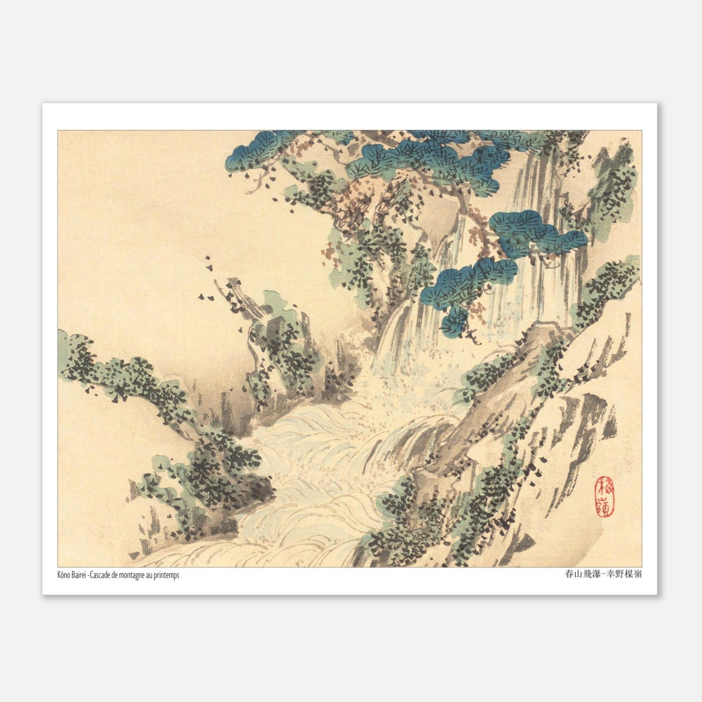 Cascade de montagne au printemps, estampe japonaise de Kōno Bairei (20x25 cm). Une illustration naturaliste de Kōno Bairei représentant une cascade de montagne au printemps, avec des pins et de la végétation.