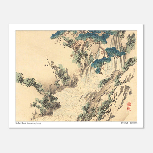 Cascade de montagne au printemps, estampe japonaise de Kōno Bairei (27x35 cm). Une illustration naturaliste de Kōno Bairei représentant une cascade de montagne au printemps, avec des pins et de la végétation.