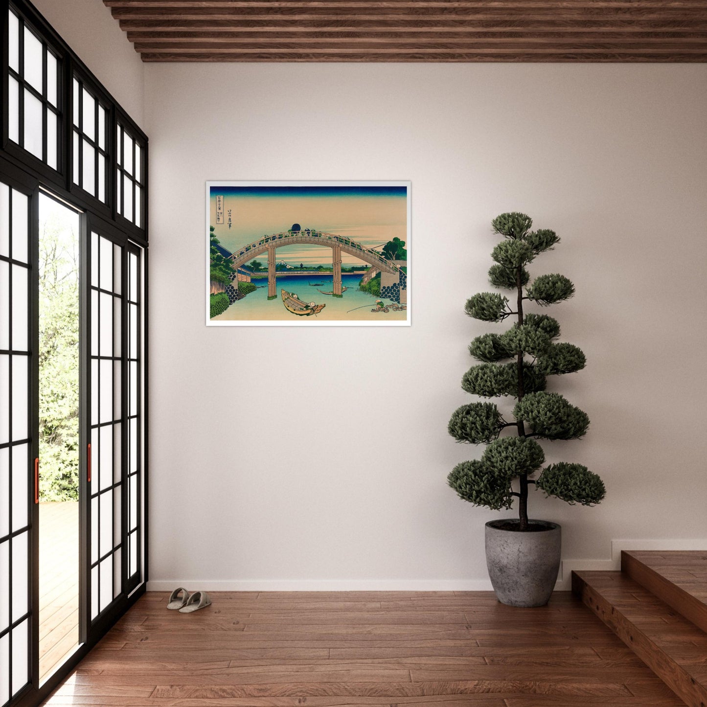 Planche ukiyo-e Le Fuji sous le pont Mannen à Fukagawa - Hokusai. Estampe ukiyo-e de Katsushika Hokusai montrant un pont arqué au-dessus d'une rivière, avec des bateaux, des pêcheurs et le mont Fuji en arrière-plan. Image d'illustration 8