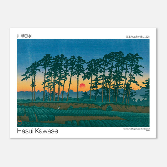 Estampe japonaise Ichinokura à Ikegami au coucher de soleil, par Hasui Kawase (30x40 cm). Une estampe japonaise de Hasui Kawase datant de 1928, intitulée 'Ichinokura à Ikegami, coucher de soleil', montrant des pins silhouette contre un ciel de coucher de soleil et un champ.