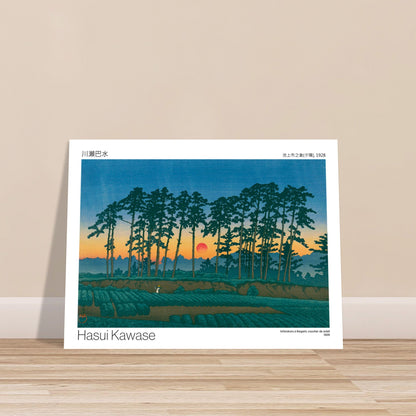 Estampe japonaise Ichinokura à Ikegami au coucher de soleil, par Hasui Kawase. Une estampe japonaise de Hasui Kawase datant de 1928, intitulée 'Ichinokura à Ikegami, coucher de soleil', montrant des pins silhouette contre un ciel de coucher de soleil et un champ. Image d'illustration 8