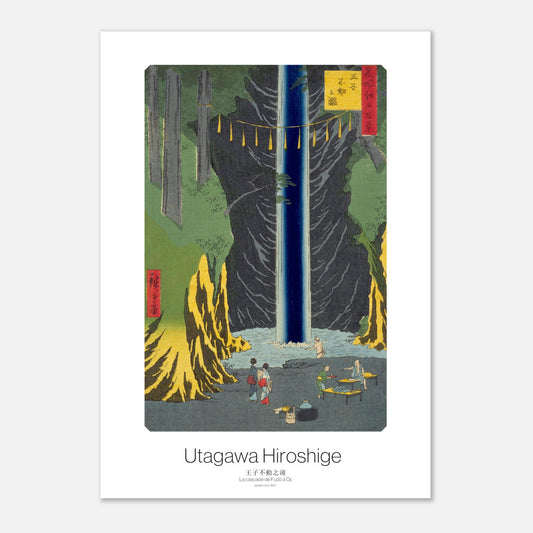 Planche ancienne : La cascade de Fudō à Ōji, Utagawa Hiroshige (29,7x42 cm (A3)). Une estampe ukiyo-e de Hiroshige représentant la cascade de Fudō à Ōji, avec des personnes baignant dans la rivière, des stands et des rochers couverts de végétation.